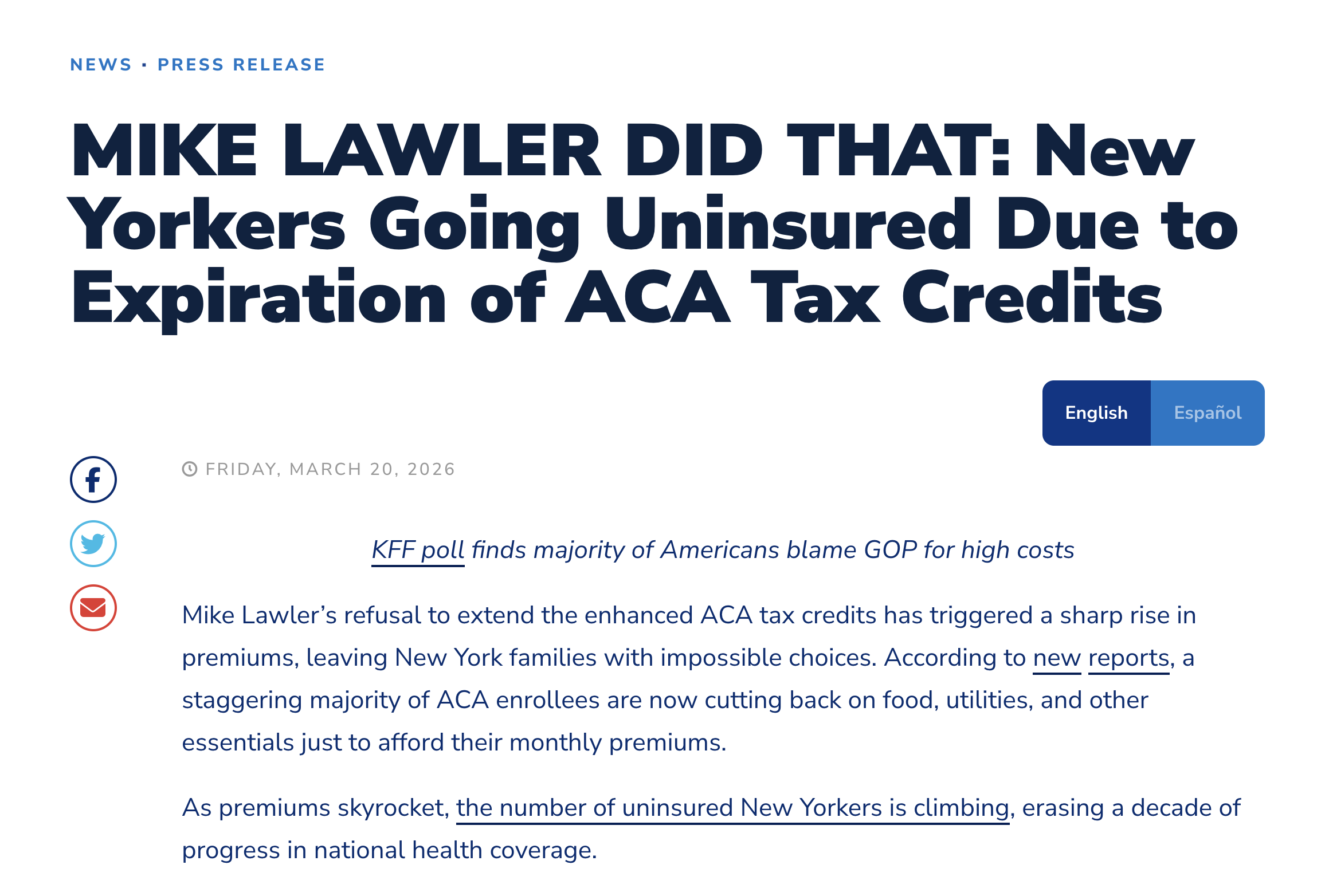MIKE LAWLER DID THAT: New Yorkers Going Uninsured Due to Expiration of ACA Tax Credits