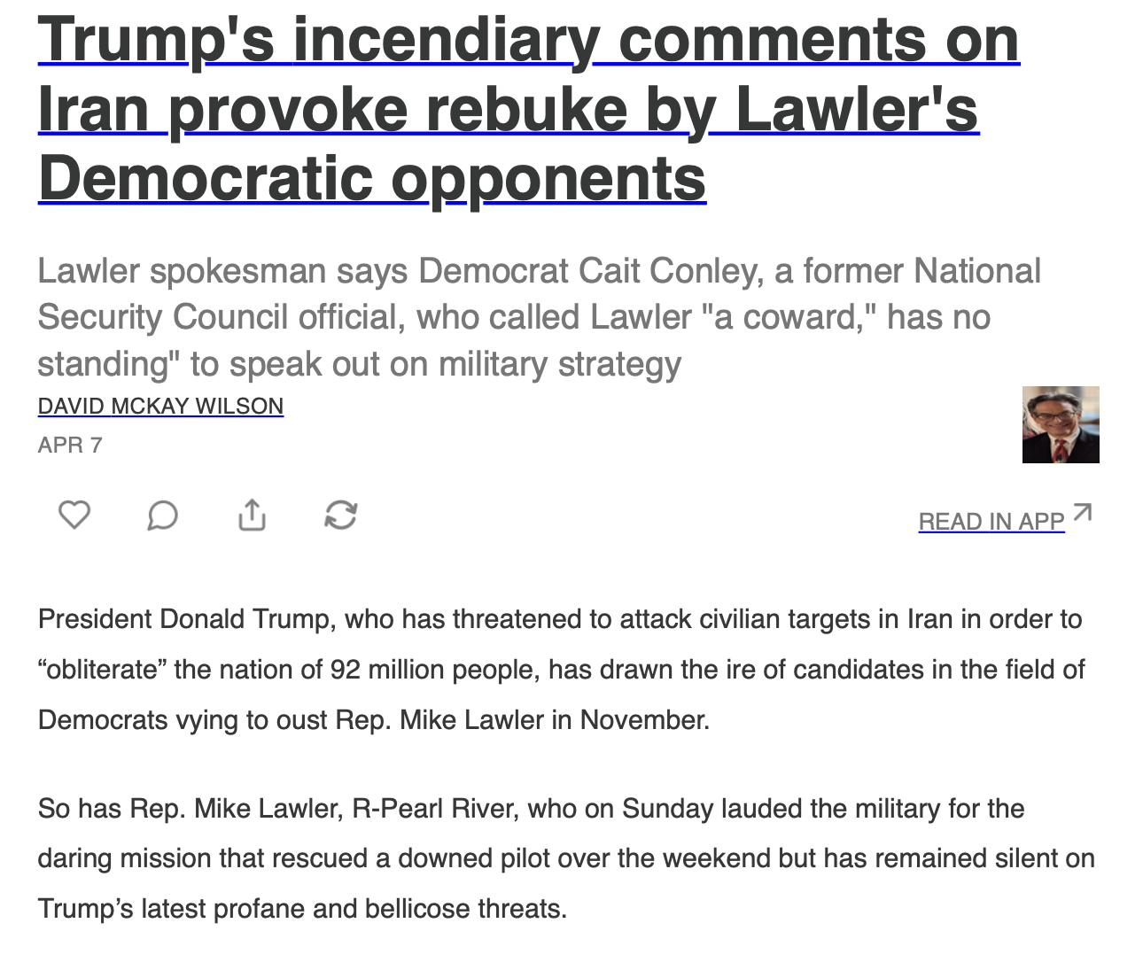 Trump's incendiary comments on Iran provoke rebuke by Lawler's Democratic opponents