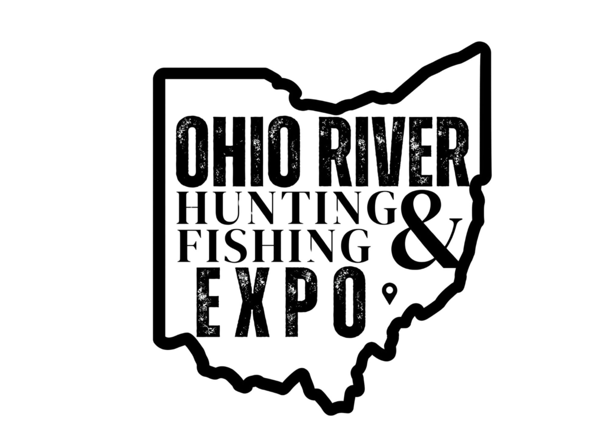 Black and white graphic of the state of Ohio with text about Ohio River, hunting, fishing, and outdoor activities inside the state outline.