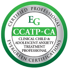 Circular badge with green and white colors, displaying certifications for clinical child and adolescent anxiety treatment professional, including EG and CCAPT-CA, with text indicating certification and professional achievement
