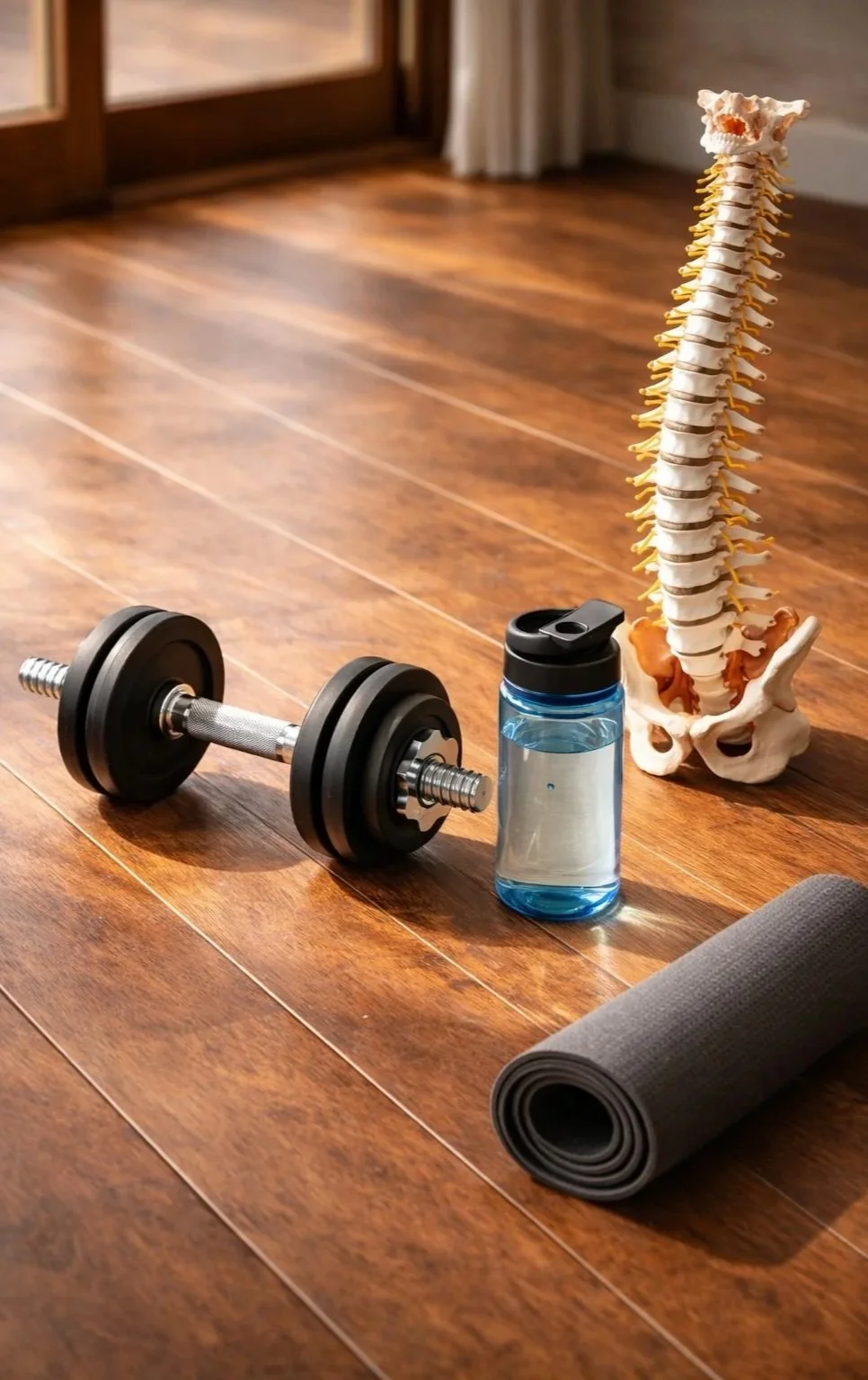 A set of home workout equipment including a dumbbell, a water bottle, an exercise mat, and a human spine model on a wooden floor near a window.