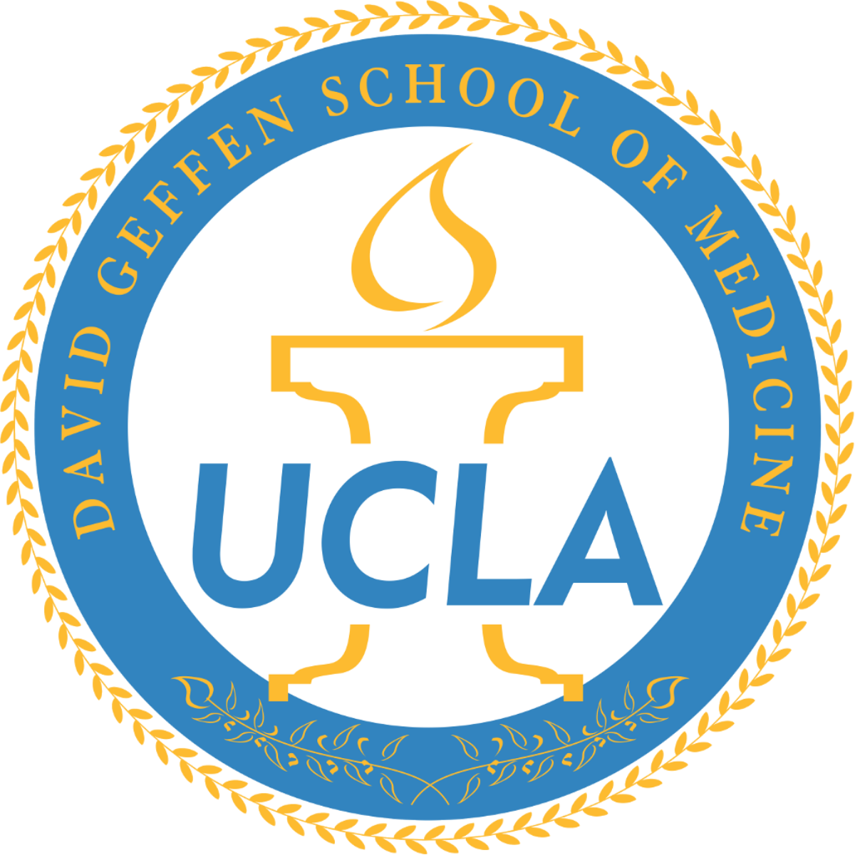 UCLA David Geffen School of Medicine emblem featuring a flame above a mortar and pestle with the text 'UCLA' below and a blue circle with gold text reading 'David Geffen School of Medicine'