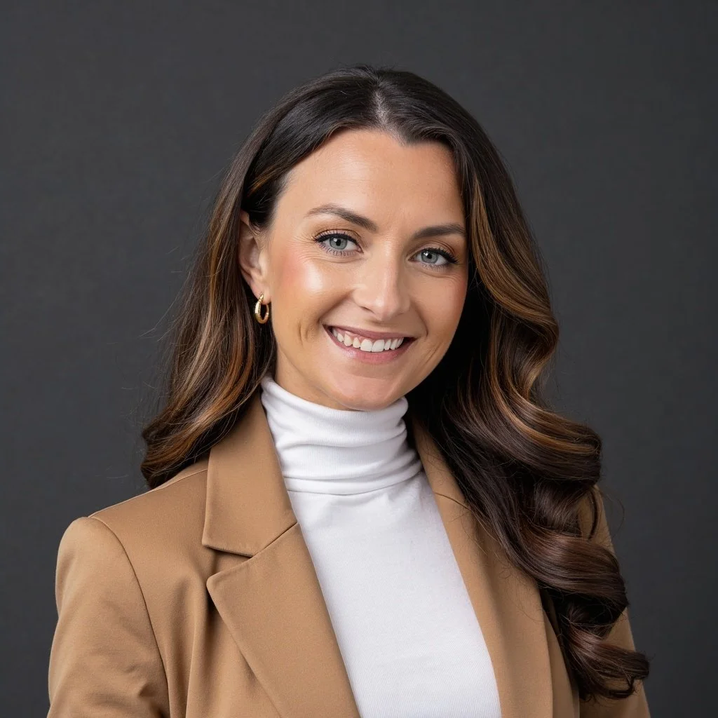 A professional woman with long wavy brown hair, wearing a white turtleneck and tan blazer, smiling against a dark gray background.