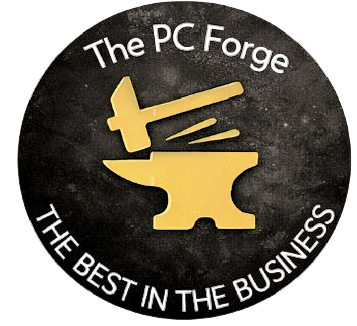 A circular badge with a black background and yellow graphic of a hammer and an anvil. Text around the top reads 'The PC Forge' and below 'The Best in the Business.'