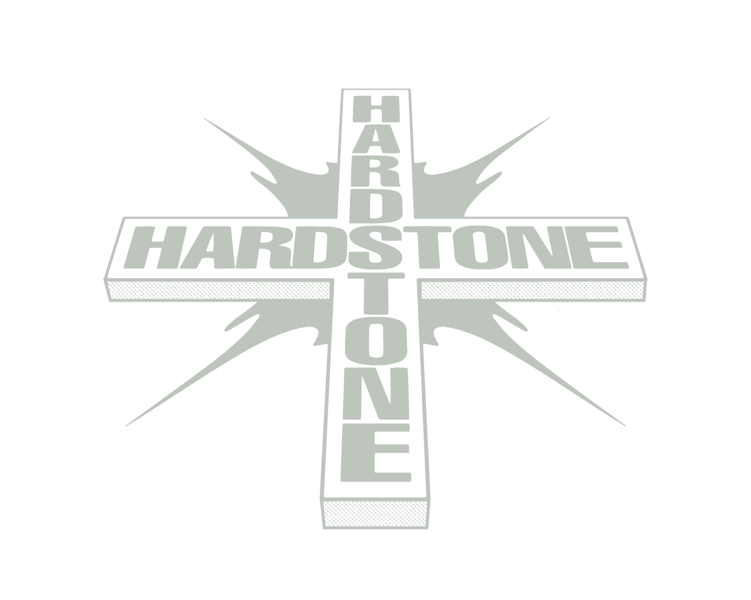 A black background with a gray cross-shaped design featuring the words 'HARDSTONE' written horizontally and vertically. Hardstone logo.