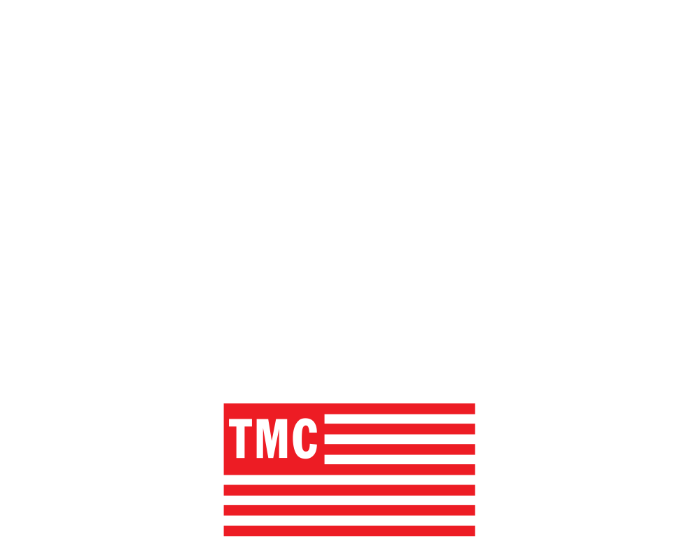 Logo for 'The Marathon Clothing' featuring large white text on black background with red and black striped rectangle containing 'TMC'