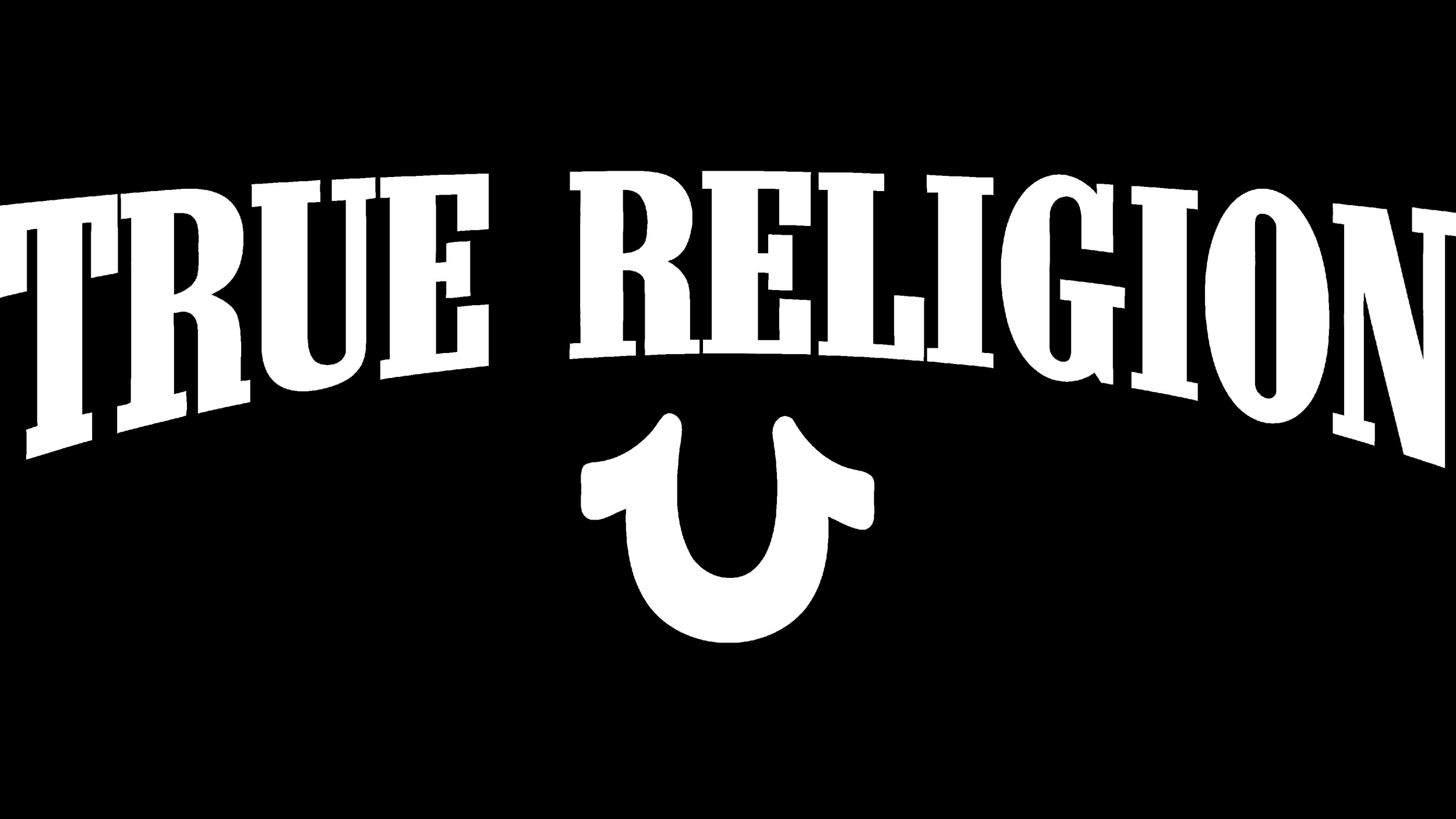 Black and white logo with the words 'TRUE RELIGION' in large, curved capital letters and a stylized horseshoe-shaped U below