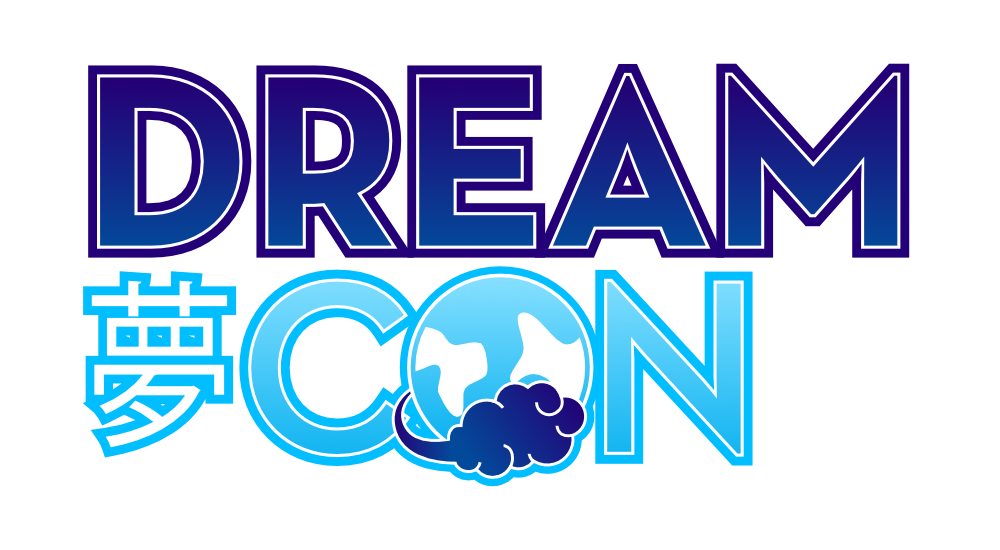 Graphic with the words "DREAM" and "CÒN" in English and Chinese characters, featuring a globe illustration with clouds and a dark background. DreamCon logo.