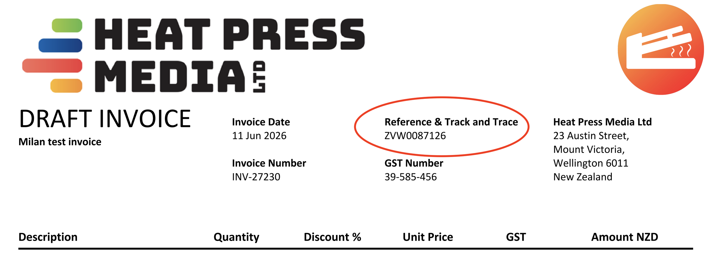 Draft invoice from Heat Press Media Ltd with reference, invoice number, date, address, and description details, marked with a red oval around the reference and track and trace number.