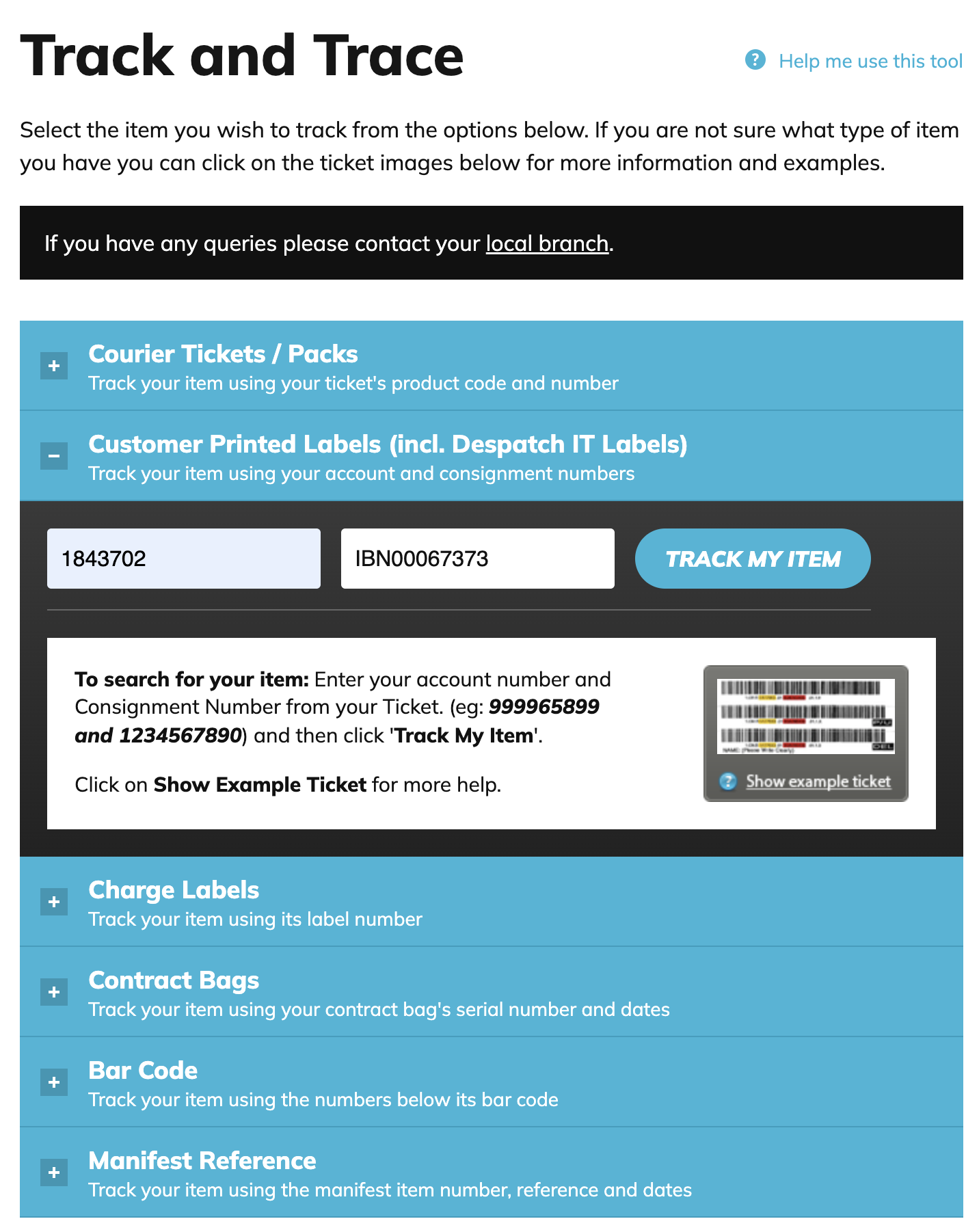 Screenshot of a online tracking tool for courier items, showing fields for entering ticket number and product code, with options for tracking labels, contract bags, bar codes, and manifest reference.