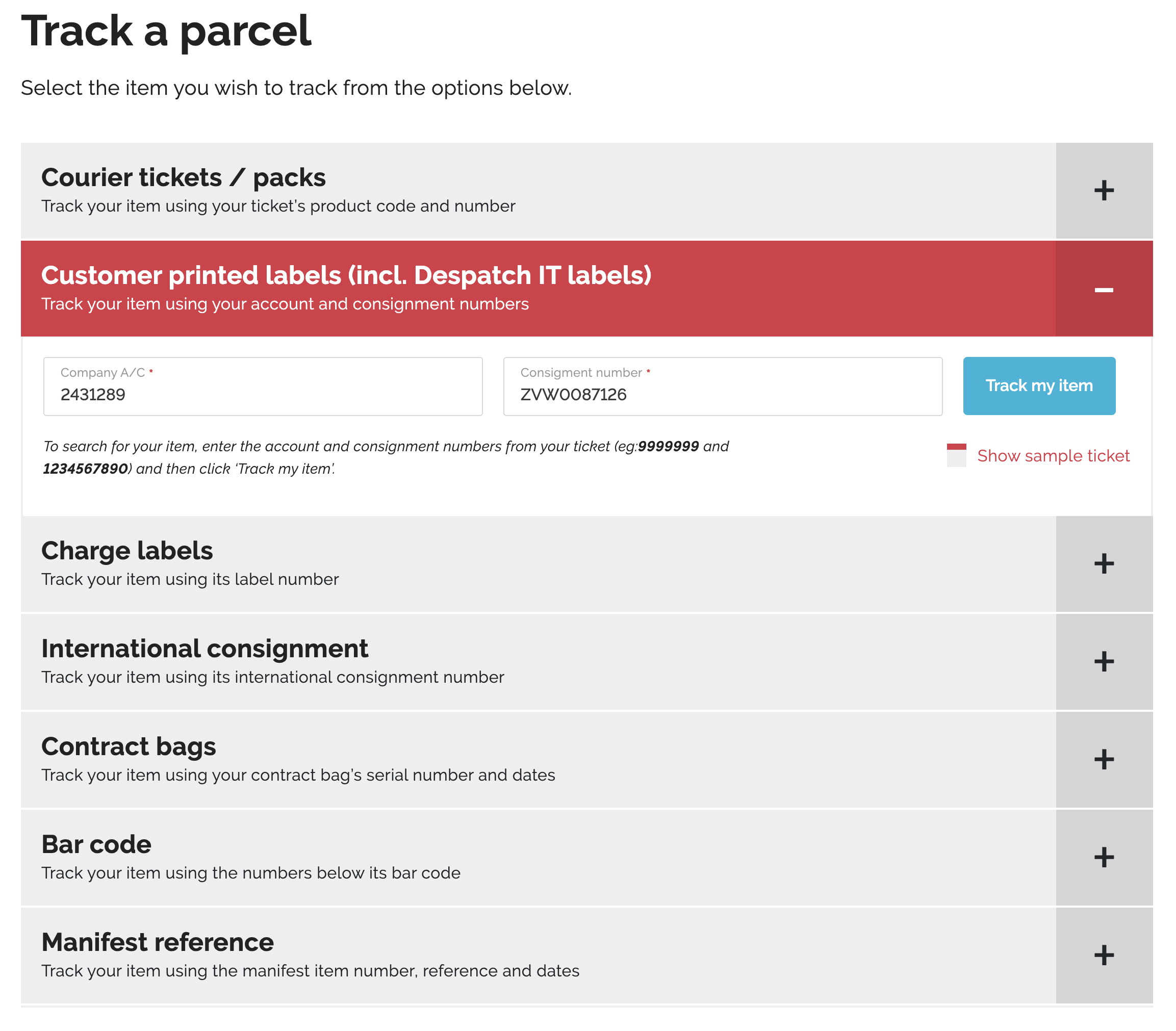 Screenshot of a package tracking website with options to track courier tickets, customer printed labels, international consignments, contract bags, bar codes, and manifest references, showing a form to enter company account and consignment numbers.