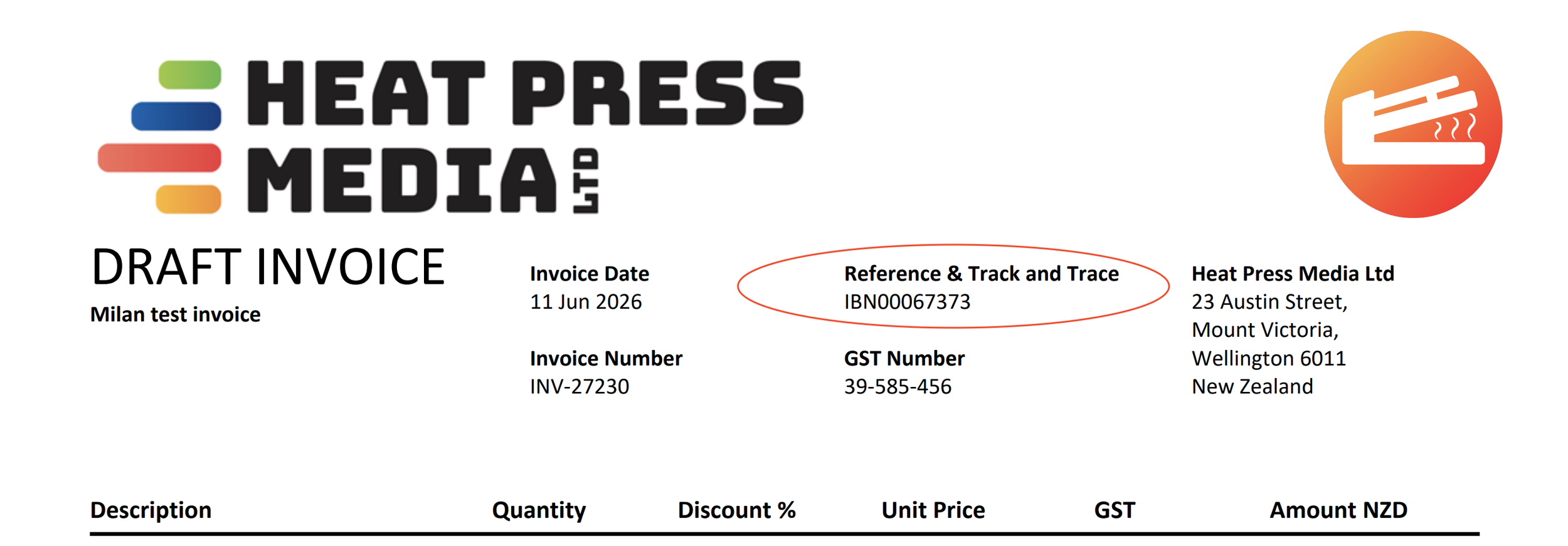 A draft invoice from Heat Press Media Ltd with a colorful logo, invoice details, contact information, and a red oval highlighting the reference number 'IBN00067373'.