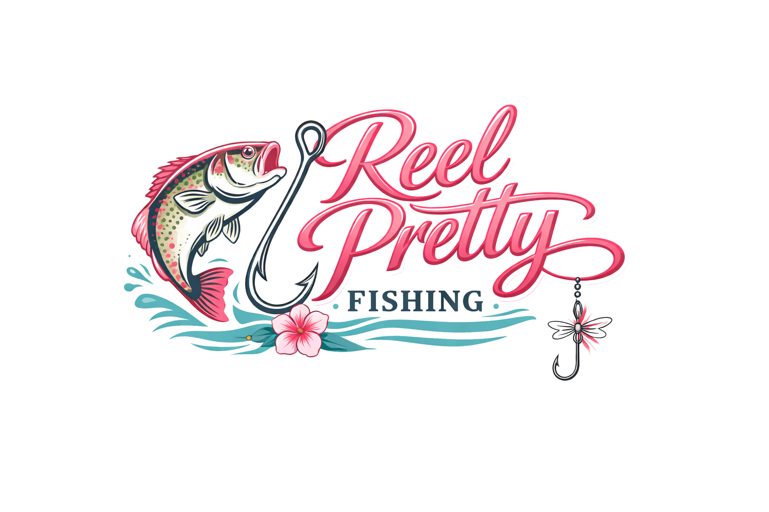 A neon-style sign with a fish and floral design, displaying the text 'Reel Pretty Fishing' in pink and blue colors.