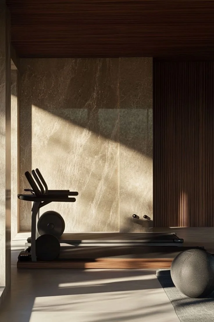 A treadmill and a large exercise ball in a modern, minimalist gym with sunlight casting shadows on the wall.
