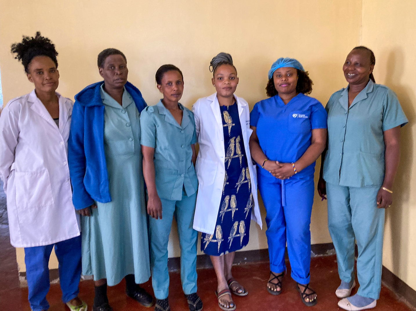 Group of seven women standing indoors against a yellow wall, some wearing medical scrubs and lab coats.