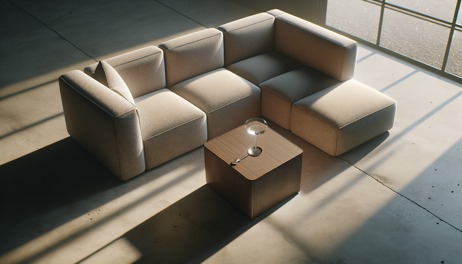 A beige sectional sofa with a square wooden side table in a room with concrete floor and large windows.