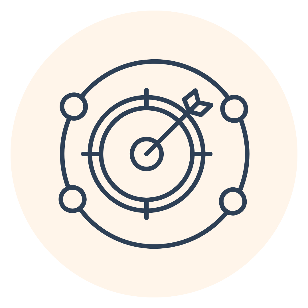 Icon of a target with an arrow hitting the bullseye, surrounded by a dotted circle and four smaller circles.