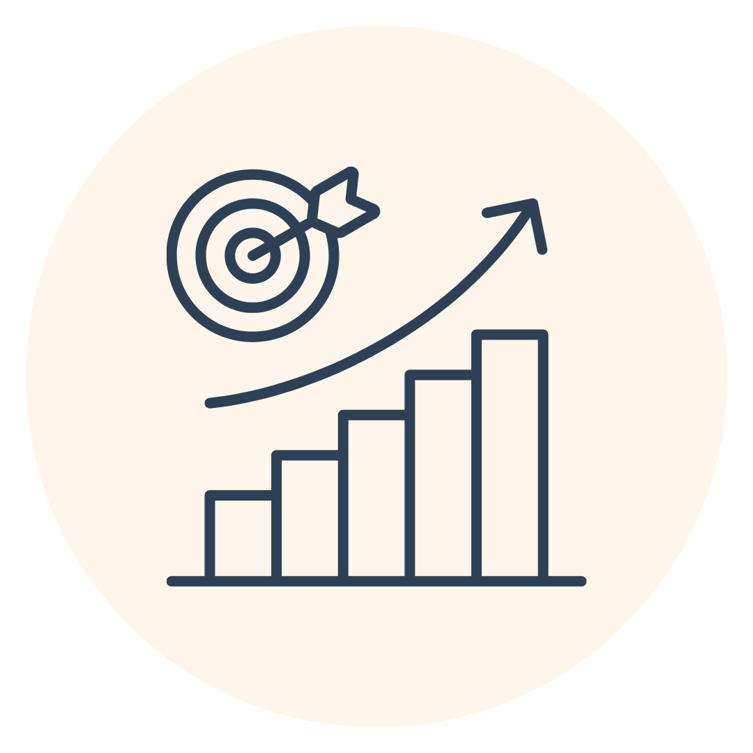 Line graph with increasing bars, target with arrow hitting the center, indicating goal achievement and growth.