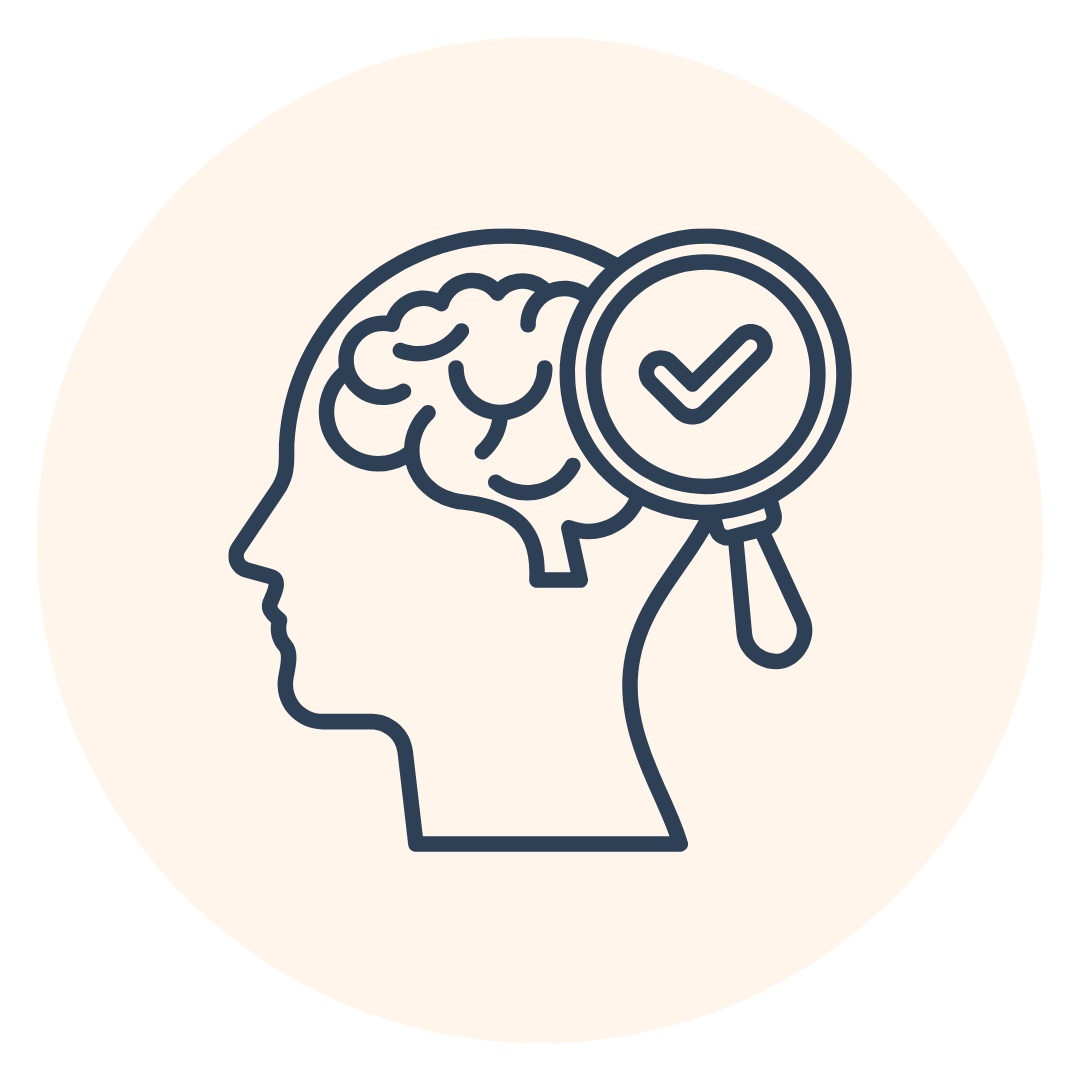 Line drawing of a human head in profile with brain inside, magnifying glass with a check mark next to it, symbolizing mental health or cognitive validation.