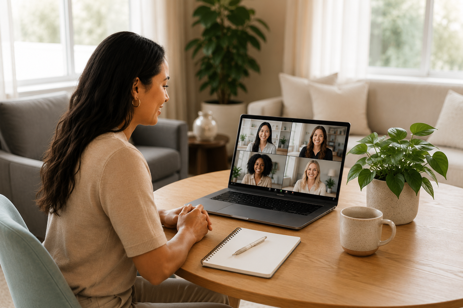 Woman participating in a virtual video conference call from her home, sitting at a wooden table with a laptop, notebook, pen, mug, and a potted plant in a bright, cozy living room.