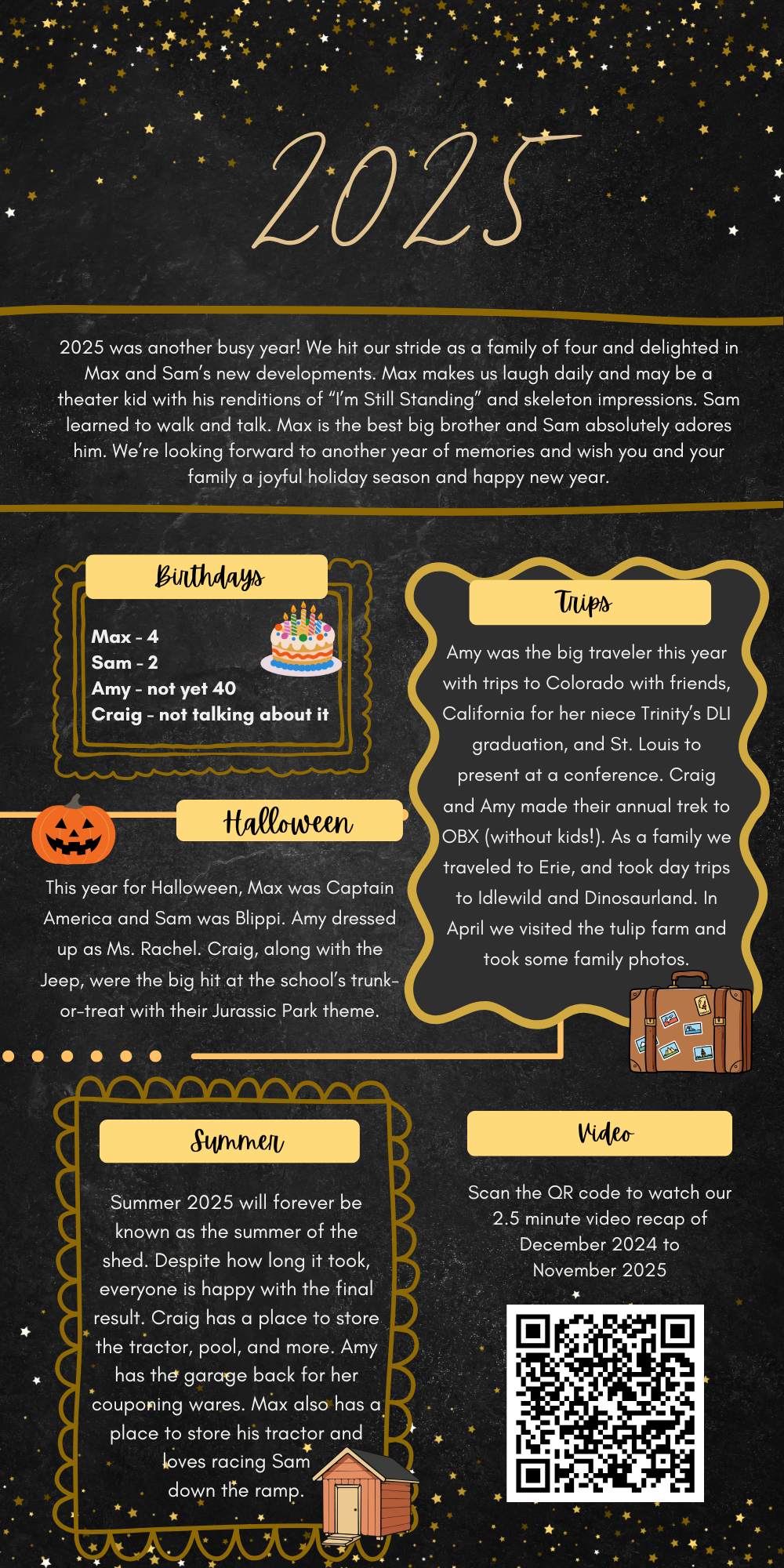back of holiday card newsletter style to include birthdays, halloween, summer, trips and a qr code to a video