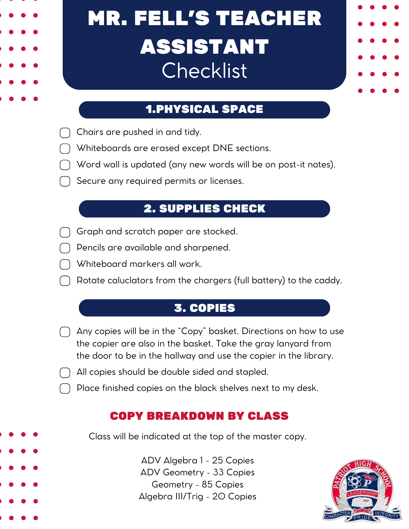 Written directions of a checklist of items for a teacher assistant to complete