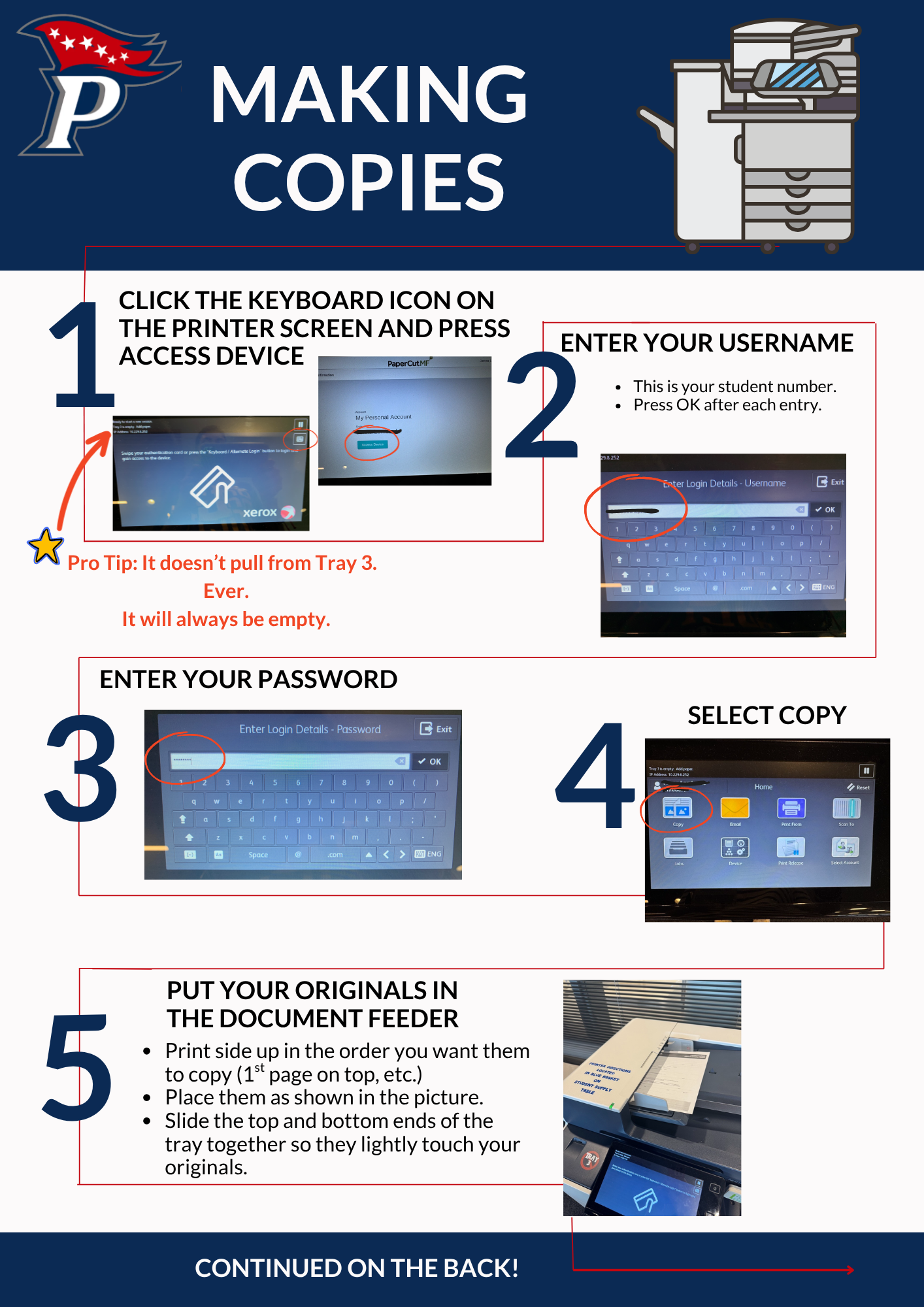 Directions including writing and images for how to use the copier to make copies. Page 1 of 2