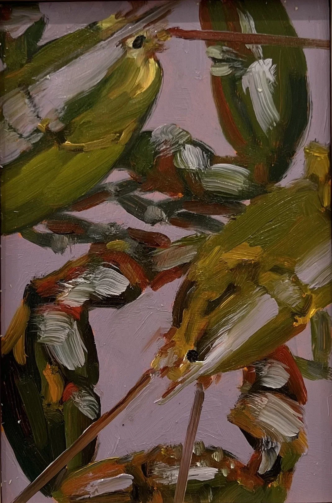 Lobsters on Lilac 4x6 inches, oil on panel. Sold