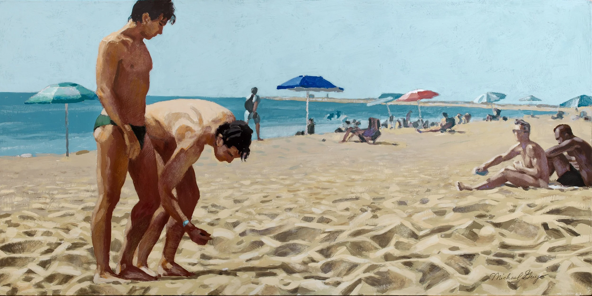 Seven Umbrellas: 2025, gouache on panel, 30" x 15", $1,500