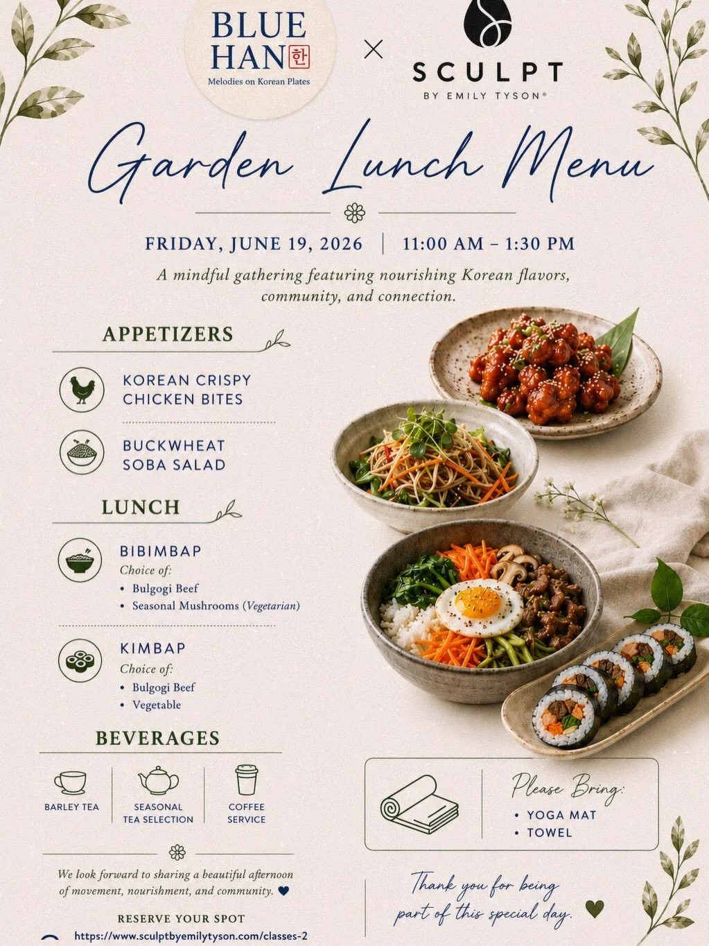 Last Friday, Blue Han was honored to host Emily Tyson&rsquo;s Sculpt &amp; Garden gathering. Guests enjoyed a beautiful morning of creativity followed by a Korean-inspired lunch featuring bibimbap, kimbap, and seasonal dishes.

Thank you to Emily and