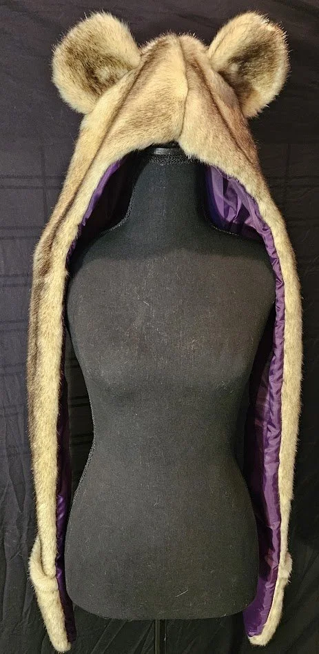 Short Pile Faux Fur Bear with Hand Pocket and Purple Liner - Rounded - Small