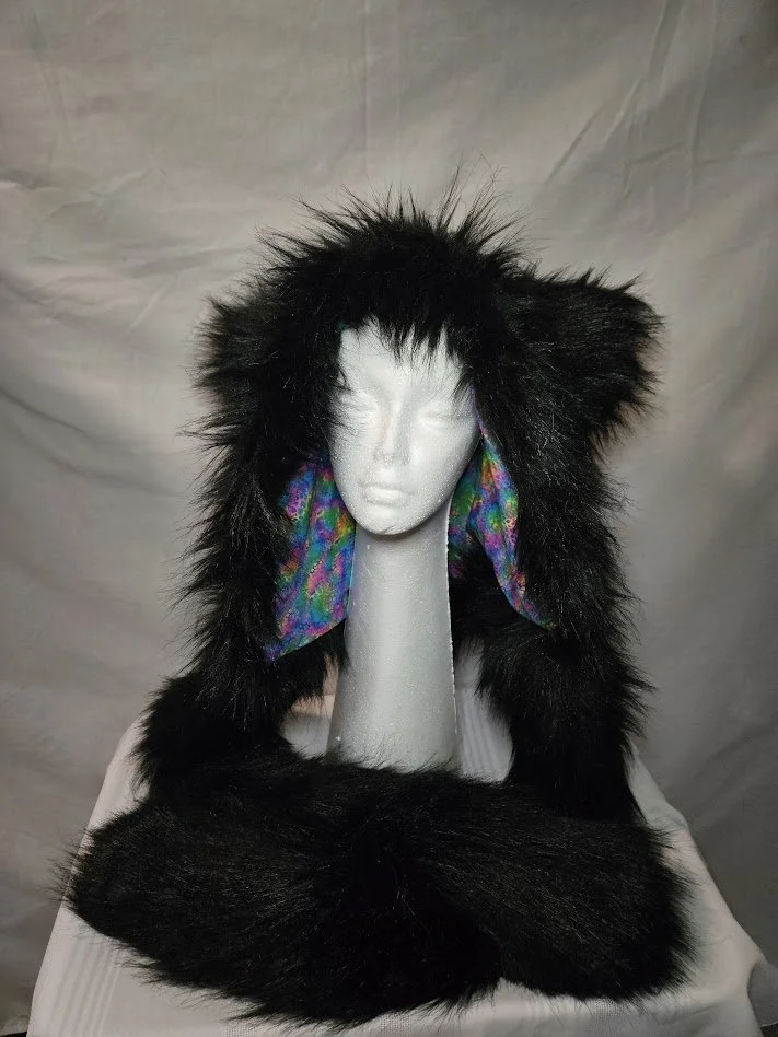 Luxury Thick Black Faux Fur Kitty Festival Hood with Bright Colored Lining - Peaked