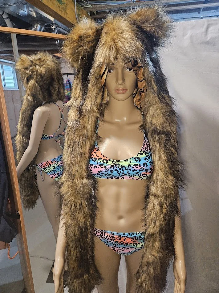 Thick Brown Faux Fur Bear Festival Hood with Stripped Liner - Rounded Hood