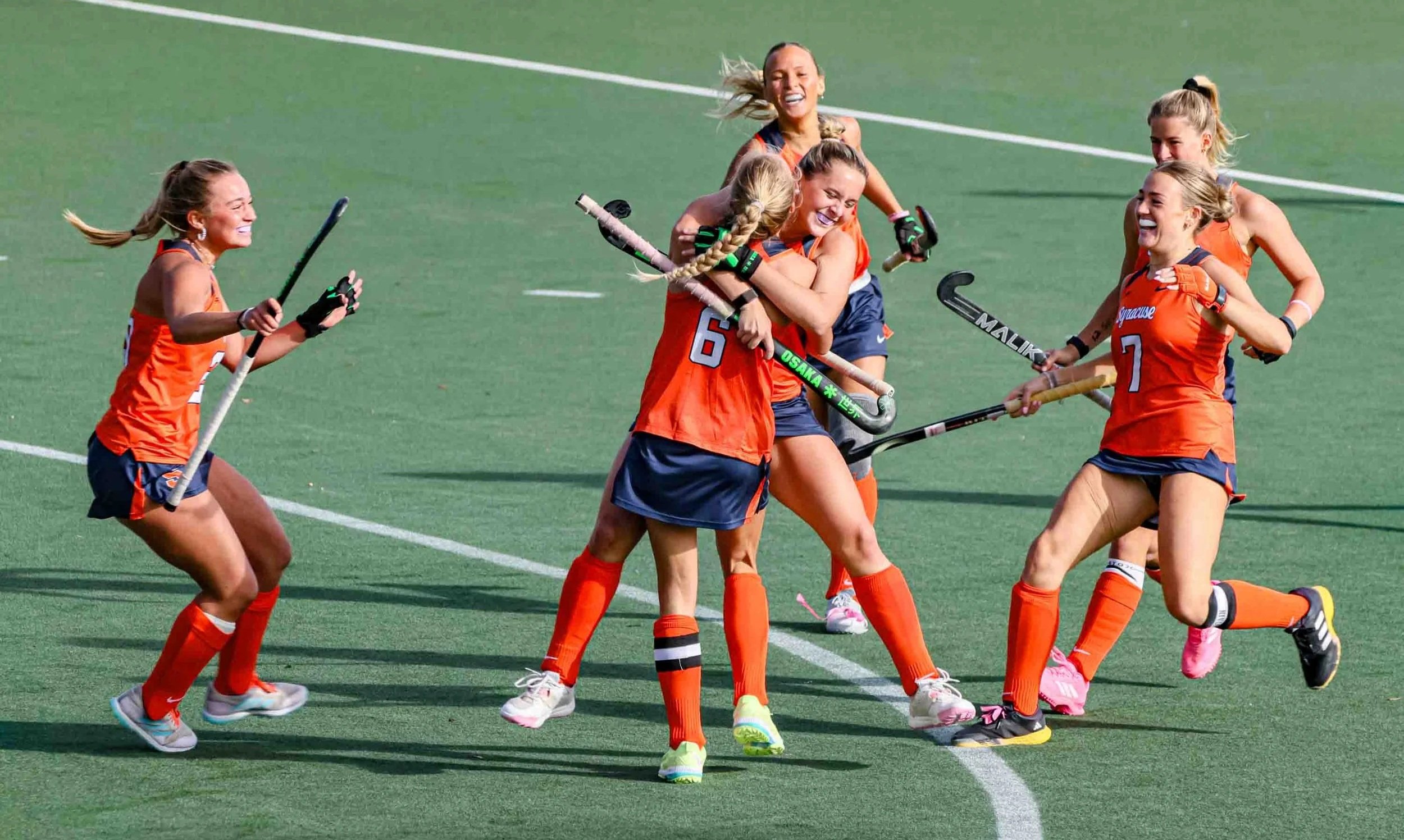 Syracuse senior Lieke Leeggangers celebrates a first-half goal with teammates during a game against No. 2 North Carolina on Friday, Oct. 17, 2025, at J.S. Coyne Stadium in Syracuse. North Carolina rallied from a two-goal deficit to beat Syracuse, 4-3