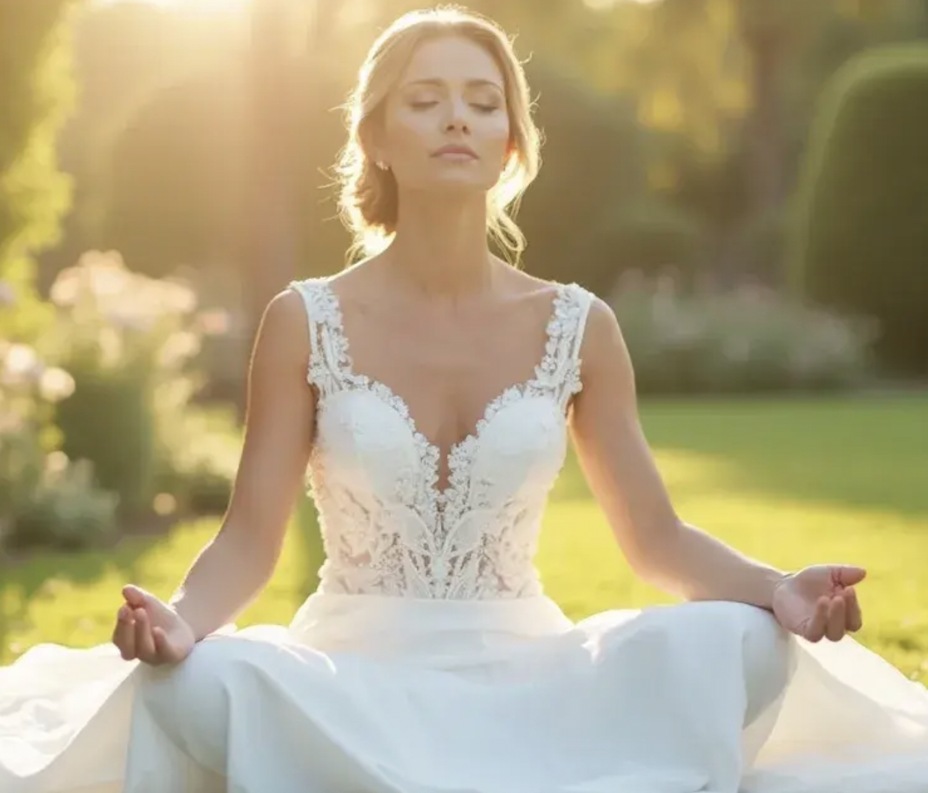 A woman in a white wedding dress practicing yoga outdoors in a park during sunset.