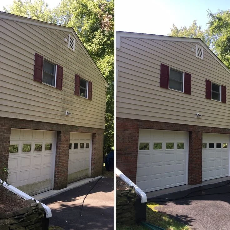 Side-by-side comparison of house exterior before and after power washing, showing clean siding and garage door.