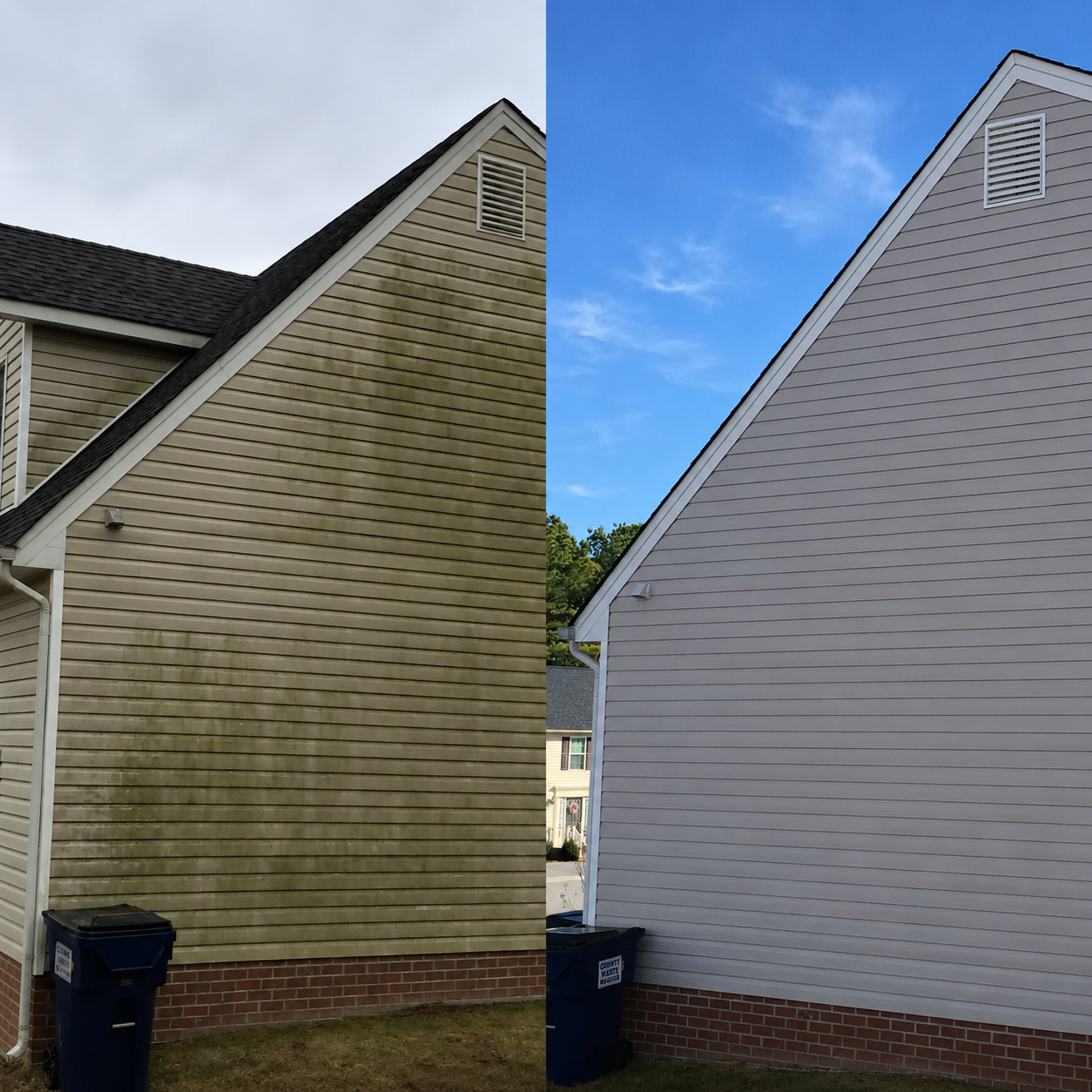 Side view of a house showing before and after cleaning of beige vinyl siding; left side with dirt and stains, right side clean and bright under a blue sky.