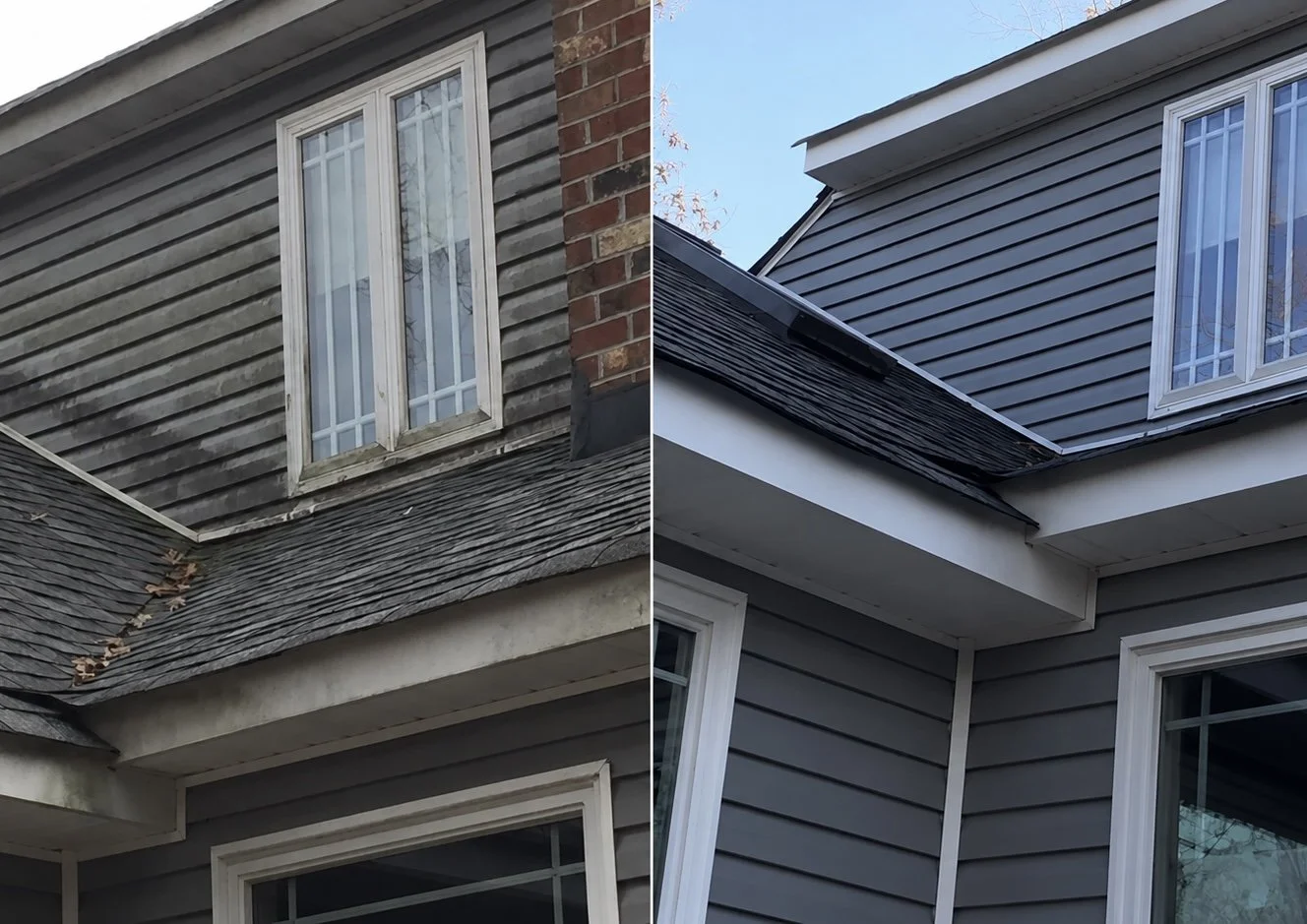 Comparison of two house exteriors showing before and after cleaning of the siding and roof. The left side shows dirty, weathered siding and roof, while the right side shows clean, freshly maintained siding and roof.
