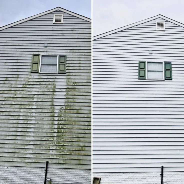 Comparison of house siding before and after cleaning, showing a house with green moss and dirt on the siding on the left, and clean, white siding on the right.