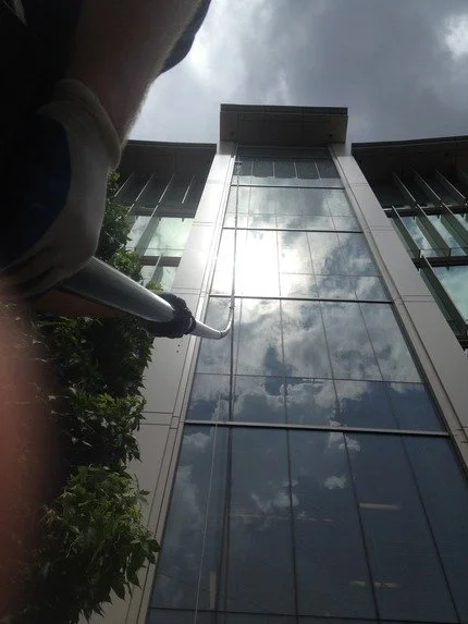 Looking up at a modern glass building reflecting the cloudy sky, with a person watering the plants nearby.