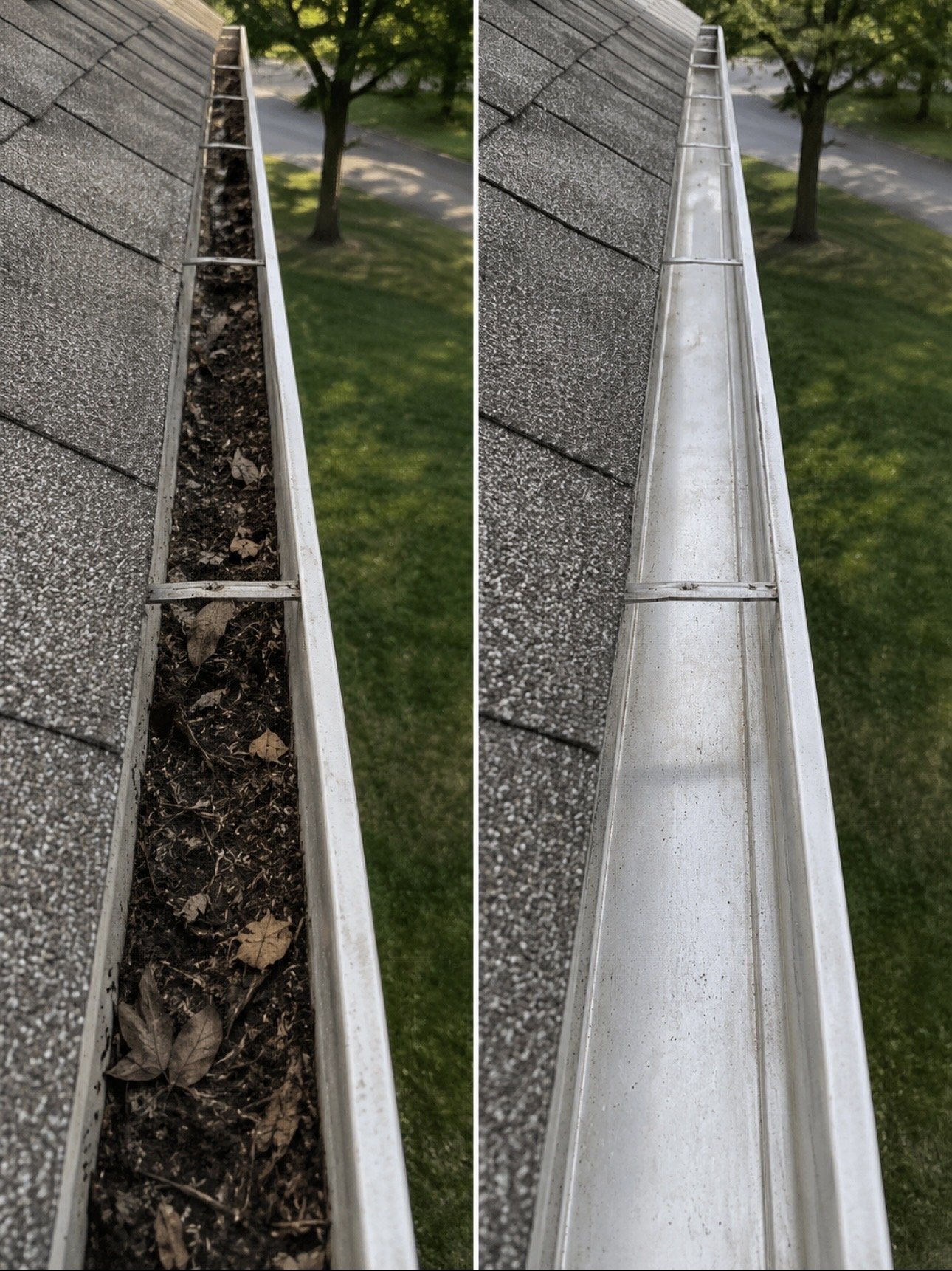 Side-by-side comparison of a house gutter before and after cleaning. The left shows a gutter filled with leaves, dirt, and debris, while the right shows a clean, clear gutter.