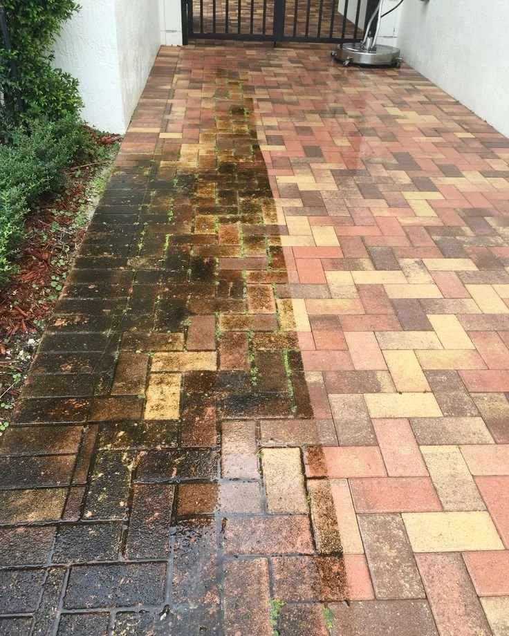 A brick walkway with a section of moss and dirt buildup on the left side, partially cleaned or washed, next to a white wall, a gate, and some greenery.