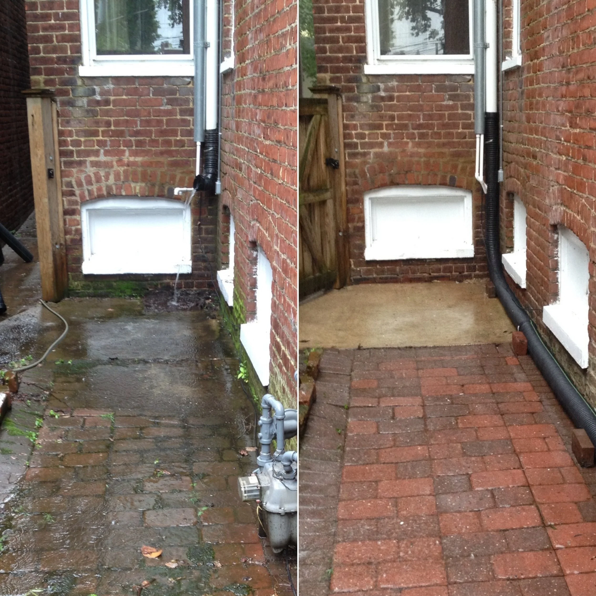 Side-by-side comparison of a brick wall and basement window with drainage system, before and after cleaning and repairs. The left side shows a brick exterior wall with a wet concrete area, a window, and an unorganized drainage pipe. The right side shows a cleaner brick wall, with a neatly installed drainage pipe and a new window frame.