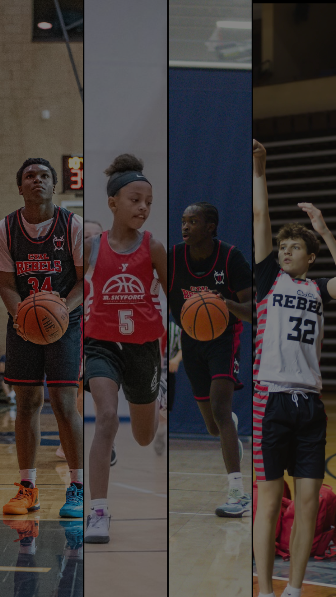 Young basketball players in action, wearing uniforms and holding basketballs, on a court.