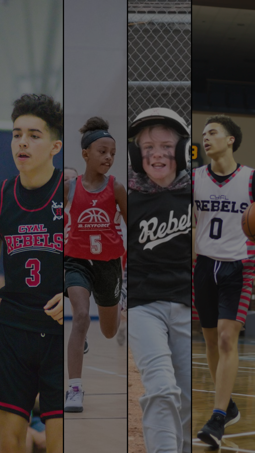 Collage of young athletes in various sports, including basketball and baseball, with the word 'Rebels' on their jerseys.