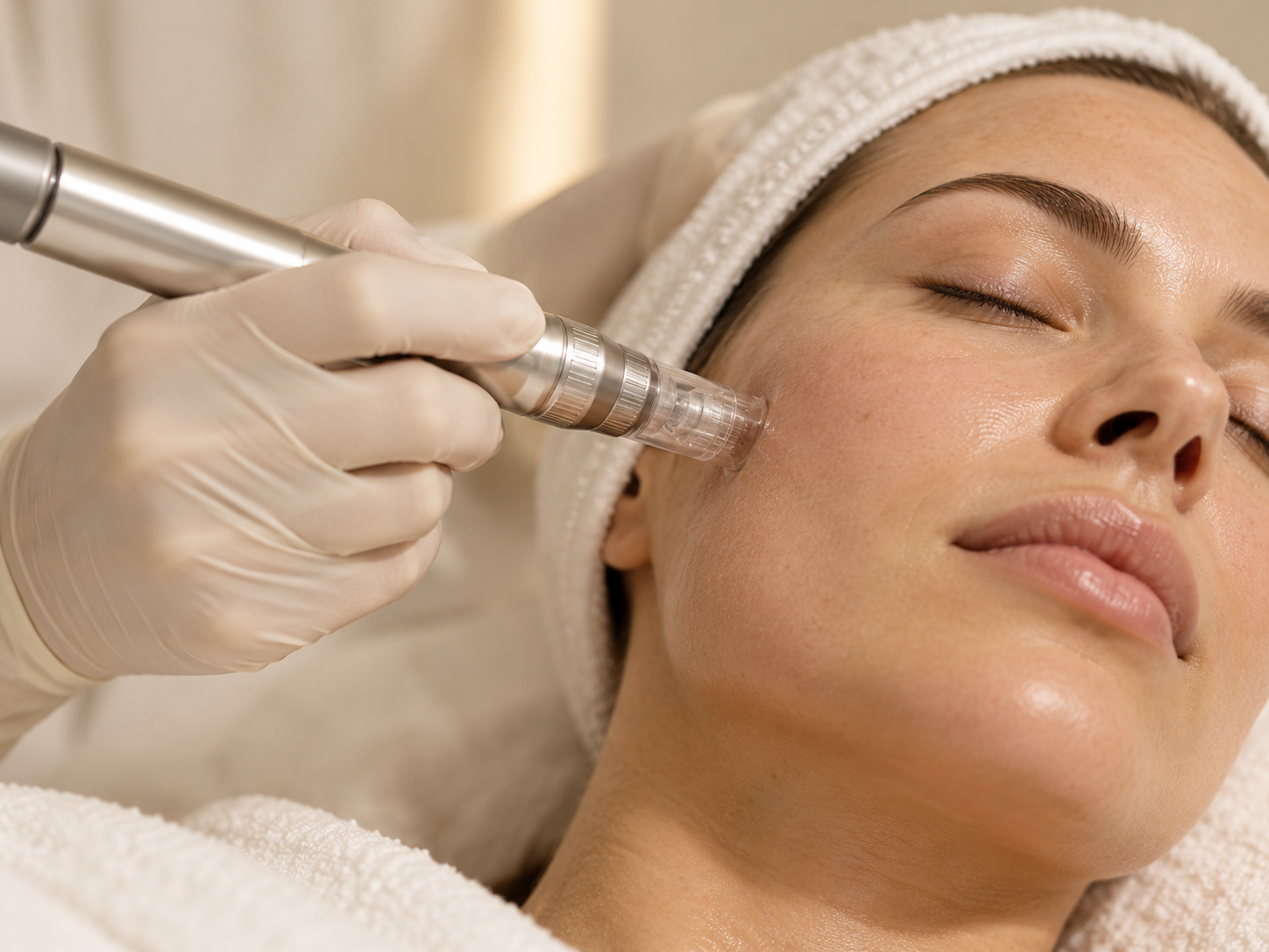 Woman receiving a professional microneedling facial treatment to improve skin texture and support skin rejuvenation.