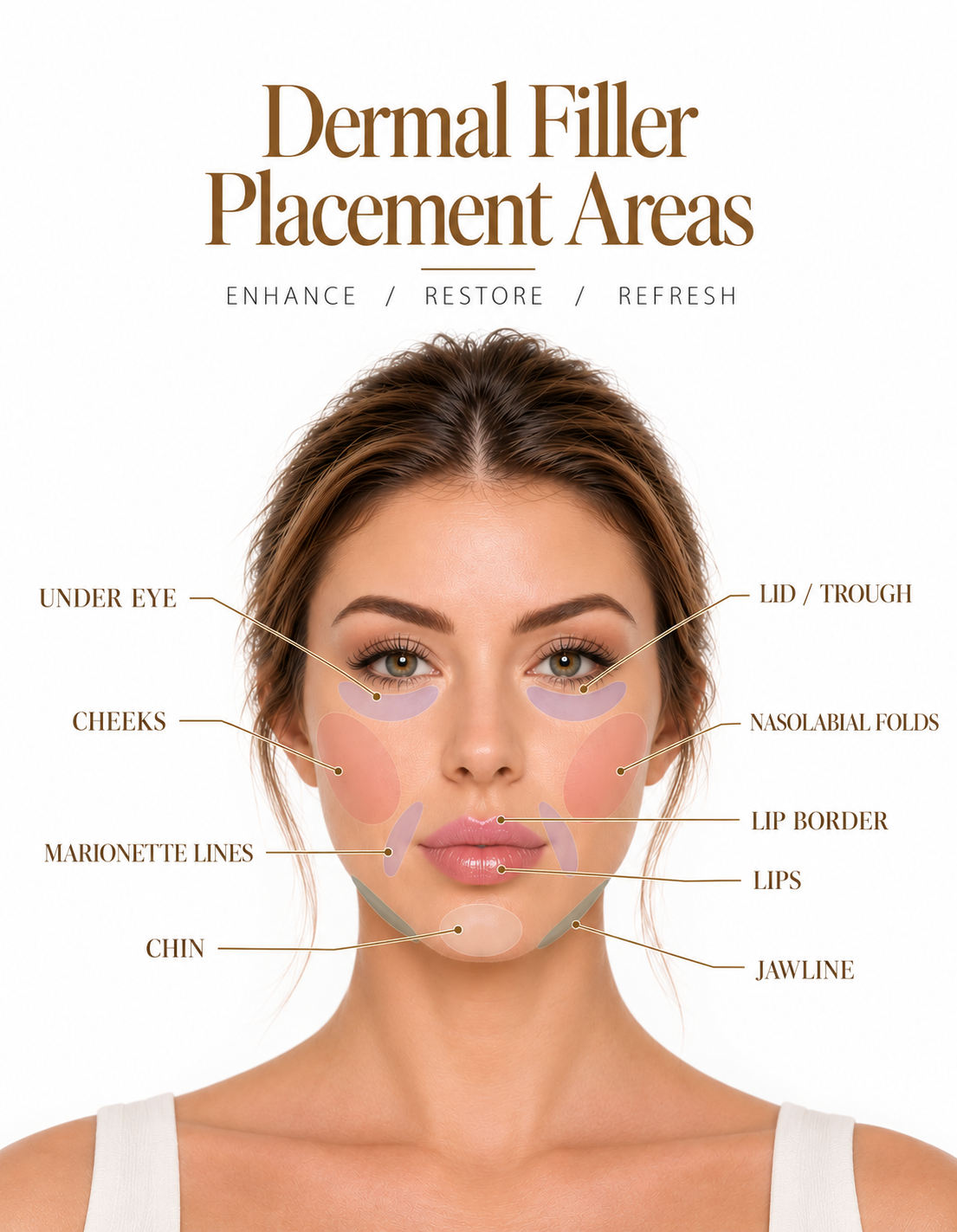 Facial diagram illustrating dermal filler injection areas, including lips, cheeks, chin, jawline, and smile lines.