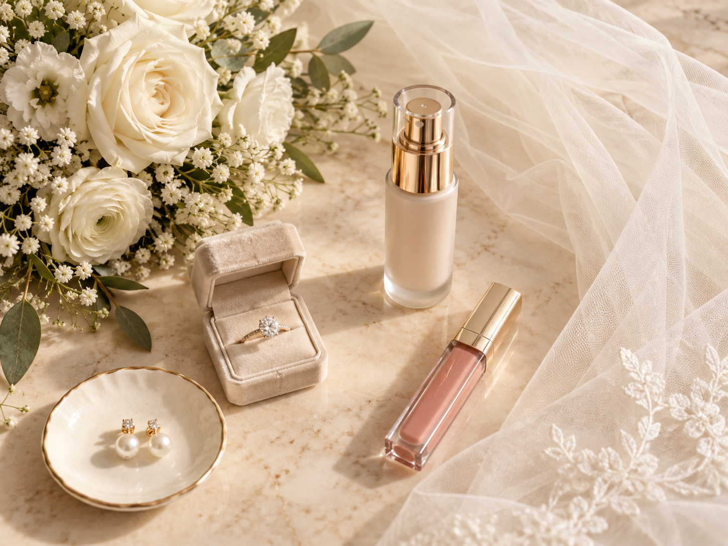 Bridal beauty essentials, wedding jewelry, and flowers representing personalized aesthetic treatments for brides and special events.