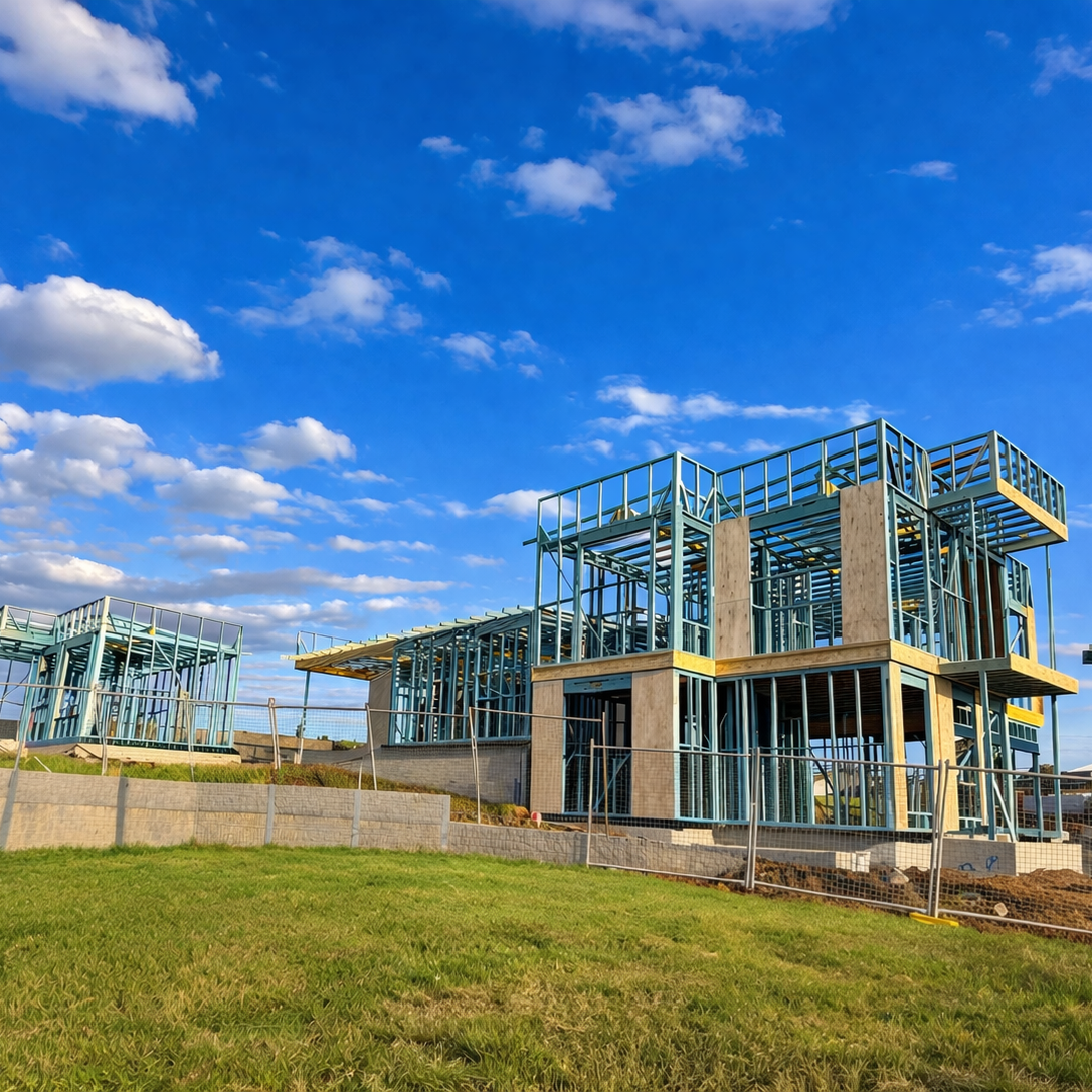 Construction site of a multi-story building with visible steel frame and partial walls, surrounded by a fence, under a partly cloudy blue sky.