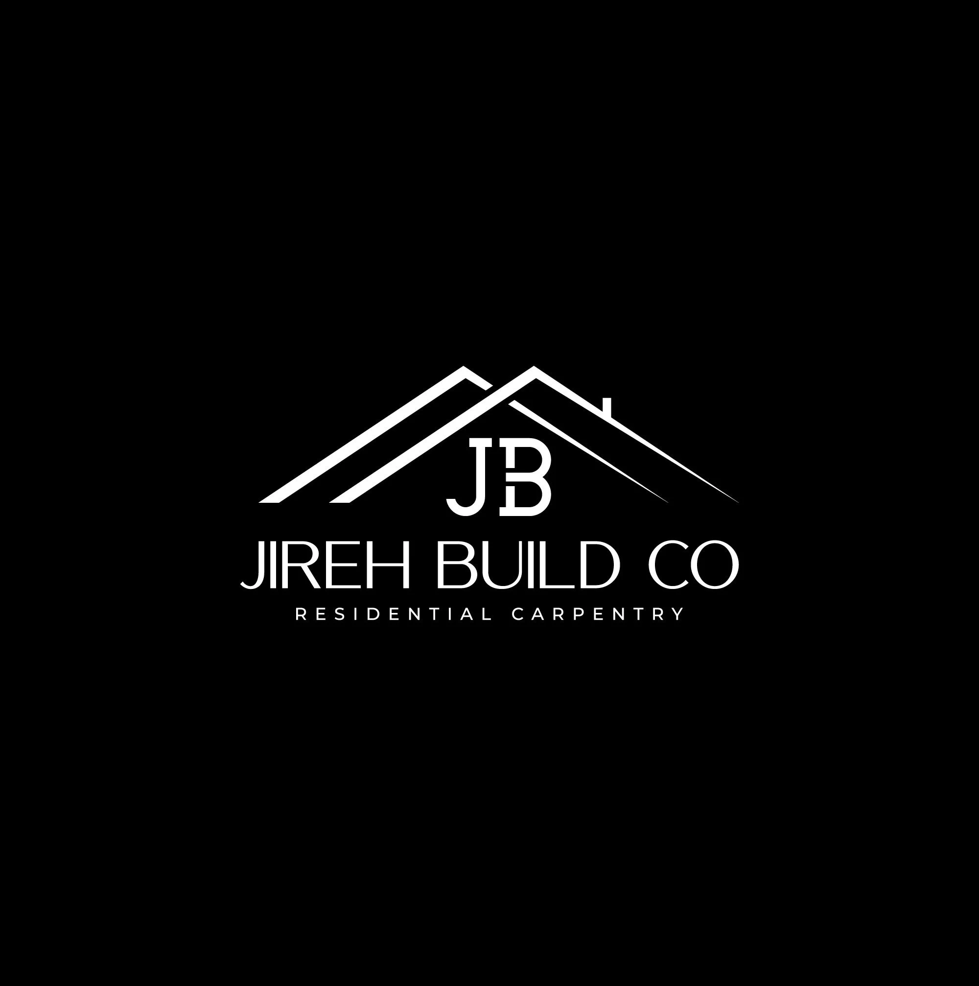 Logo for Jireh Build Co, a residential carpentry company, featuring stylized white rooflines with the initials JB in the center on a black background.